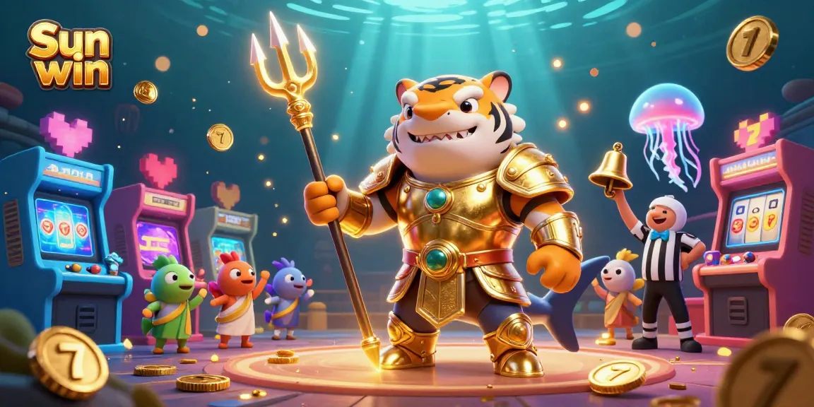 Play exciting games with Sun win featuring a golden shark, arcade machines, and underwater elements.