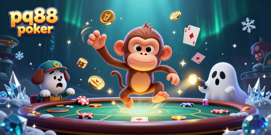 Experience dynamic gameplay at pq88 poker with a captivating 3D illustration of a playful poltergeist monkey and ghost-hunter puppy.