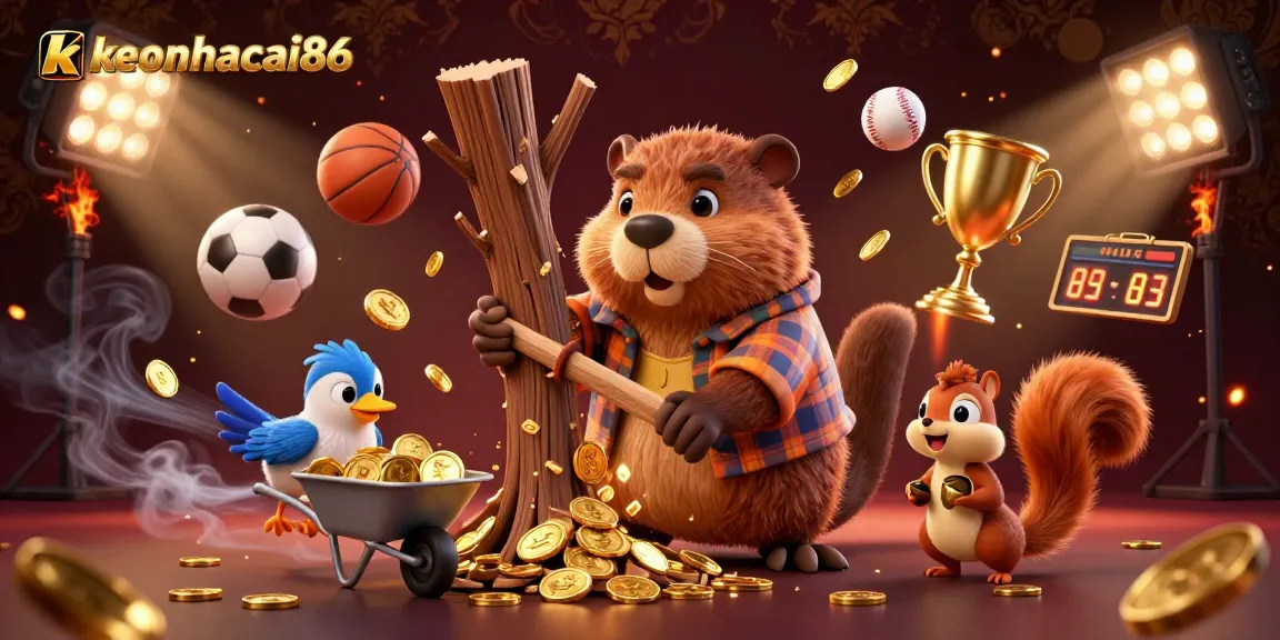 Engage with keonhacai86 as a dynamic cartoon scene showcases a beaver, bird, and squirrel celebrating sports betting wins.
