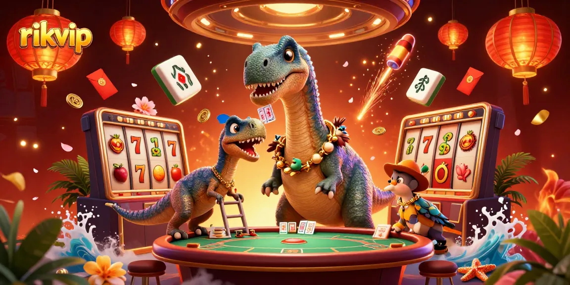Experience exciting gaming at rikvip with a lively 3D casino illustration featuring dinosaurs and vibrant game elements.