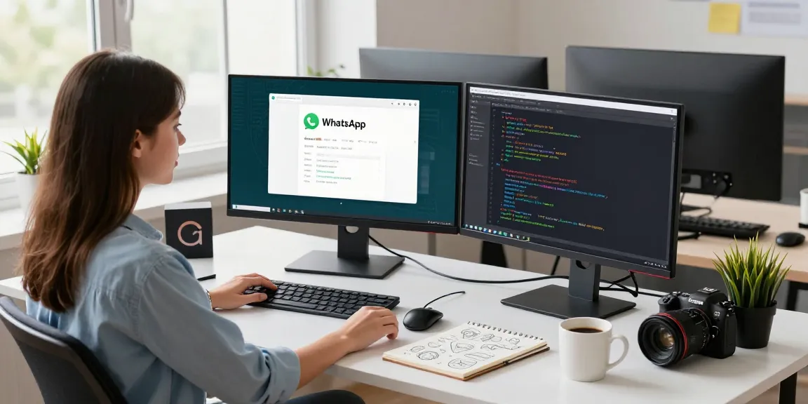 Young developer working on WhatsApp下載 app features in a bright, modern workspace.