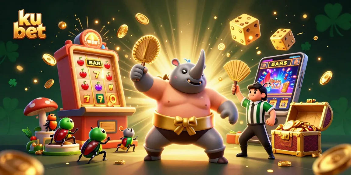 Experience the thrill of ku bet with a colorful scene of a beetle sumo champion amidst casino excitement.