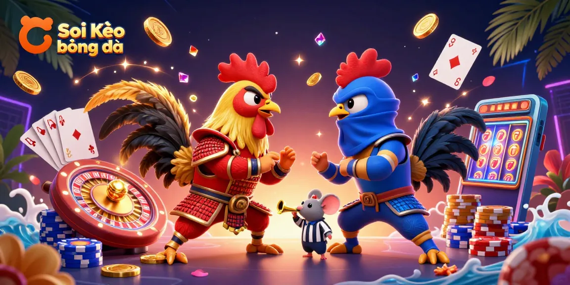 Soi Kèo bóng đá showcases an epic rooster clash in a vibrant casino setting with dynamic betting elements.