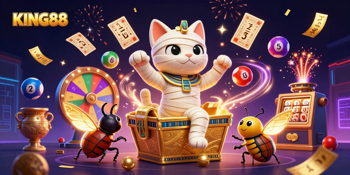 Engage with KING88's thrilling gaming world featuring vibrant lottery elements and a magical atmosphere.