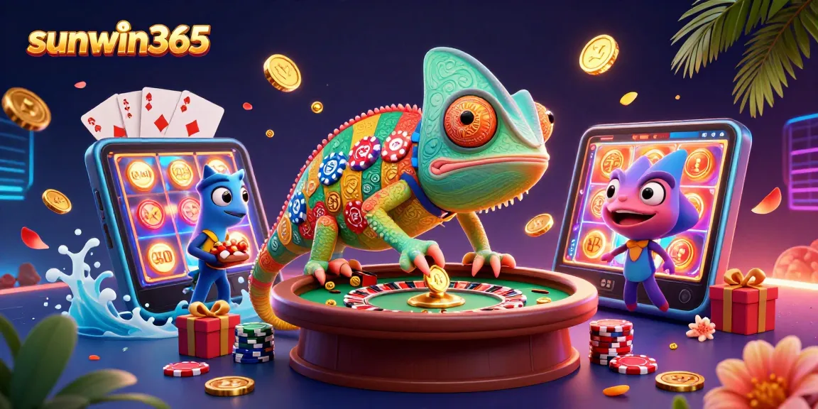 Engage with the exciting world of sunwin365, featuring a vibrant casino scene with a whimsical chameleon and colorful game elements.