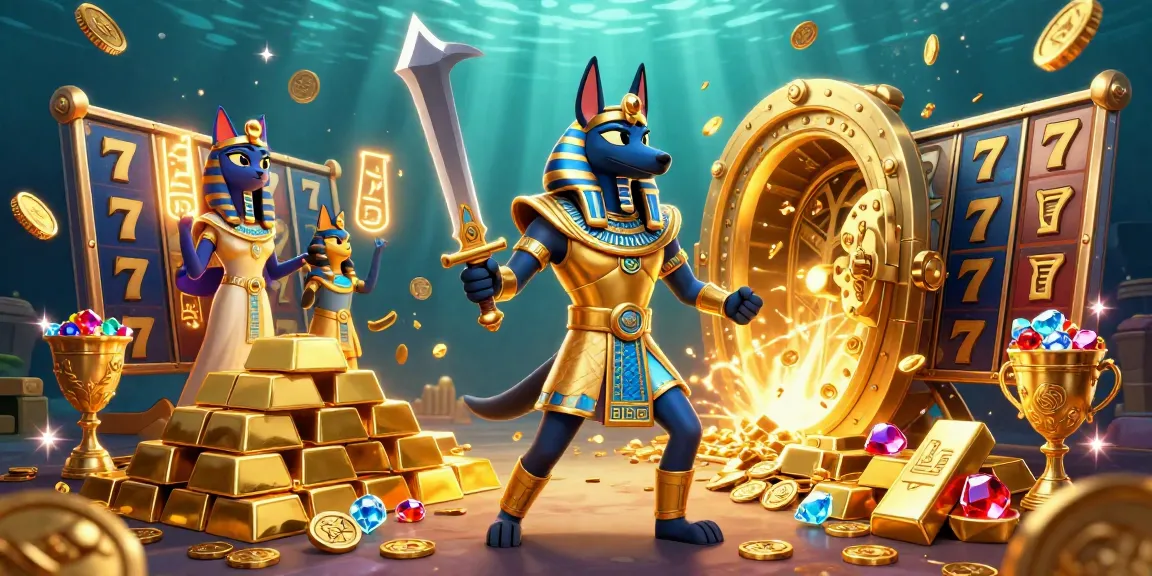 Win big with Go 88 as Anubis and Bastet guard treasures in a vibrant casino scene