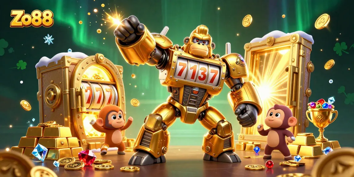 Experience exciting wins with Zo88 featuring a golden gorilla mech and treasure-filled adventure.