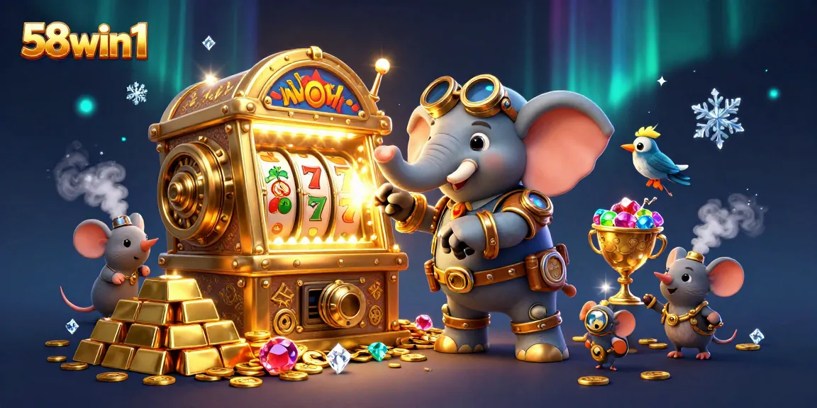 Spin and win at 58win1 with a steampunk elephant engineer operating a golden slot machine surrounded by treasures.