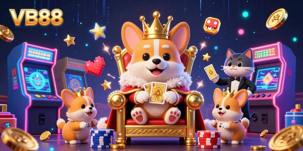 Experience the vibrant gameplay of VB88 with captivating casino visuals featuring a royal corgi and arcade elements.