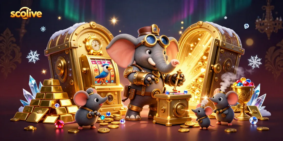 Socolive enhances your gambling experience with a 3D steampunk scene depicting a whimsical elephant engineer at a vibrant slot machine.