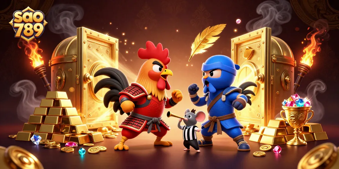 Engage in thrilling action with sao 789's fighting roosters in a rich, dynamic casino backdrop.