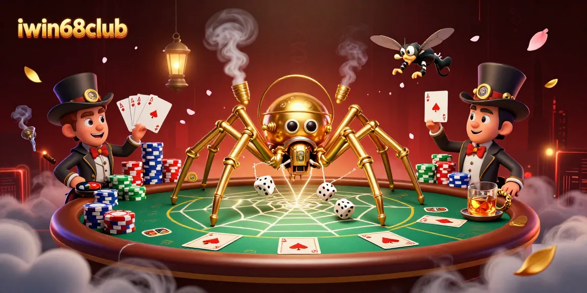 Engage with iwin68club's thrilling atmosphere as a steampunk spider weaves a web of golden chains in a lively casino scene.