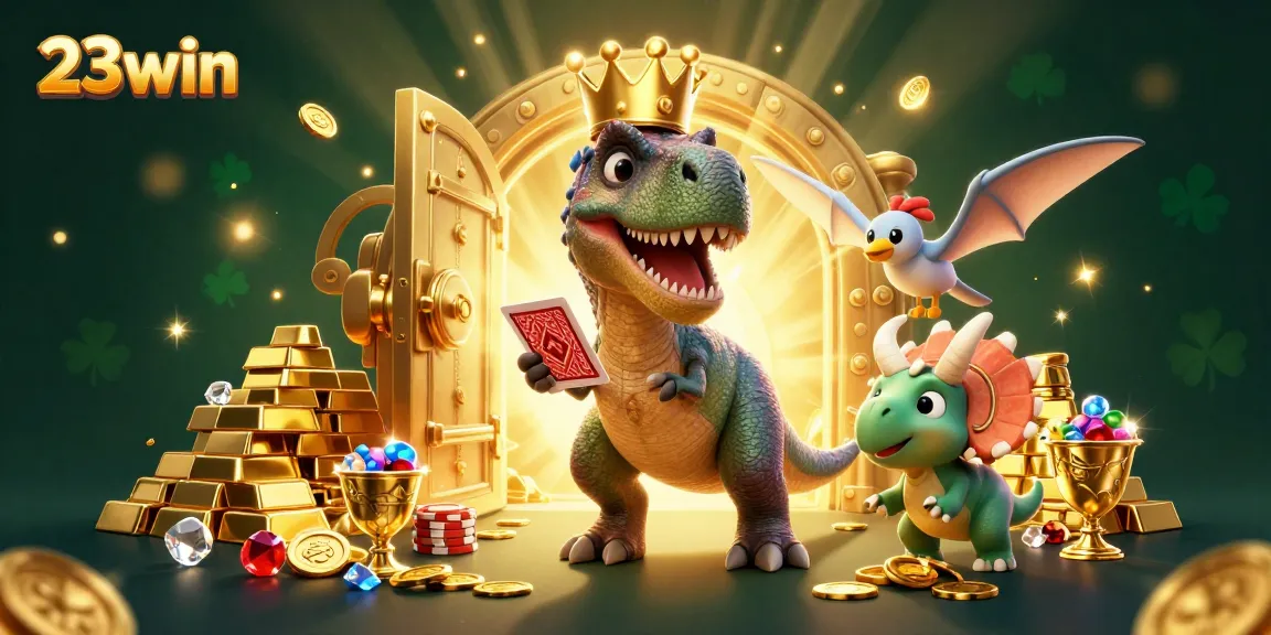 Experience thrilling antics at 23win casino with cartoon T-Rex shuffling cards and chip-stacking triceratops