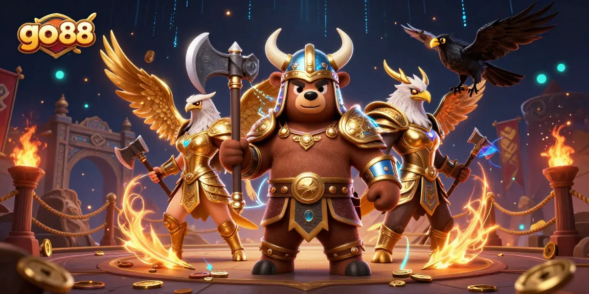 Engage in thrilling adventures at go 88 with dynamic Viking characters amidst vibrant casino elements.