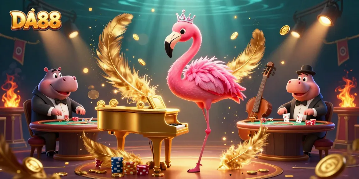Experience DA88 in a vibrant casino scene with a flamingo singer and hippo bassist.