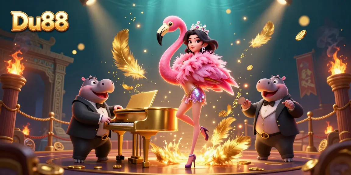 Engage with Du88 at a vibrant casino scene featuring a flamingo singer, hippo bassist, and dynamic game elements.