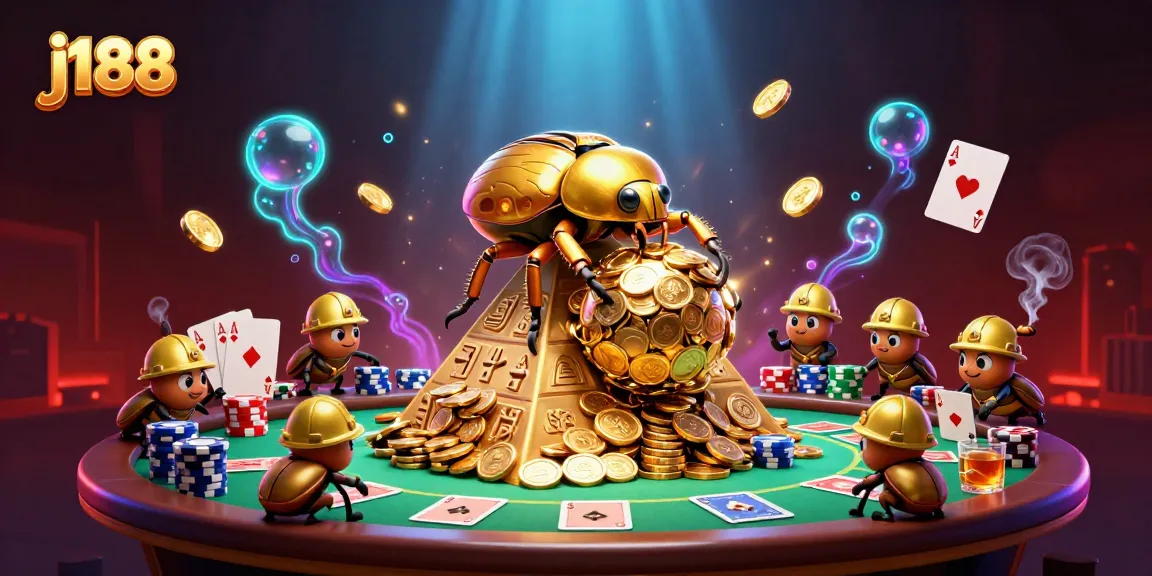 Join the excitement at j188 with a golden beetle rolling coins while poker elements surround the scene.