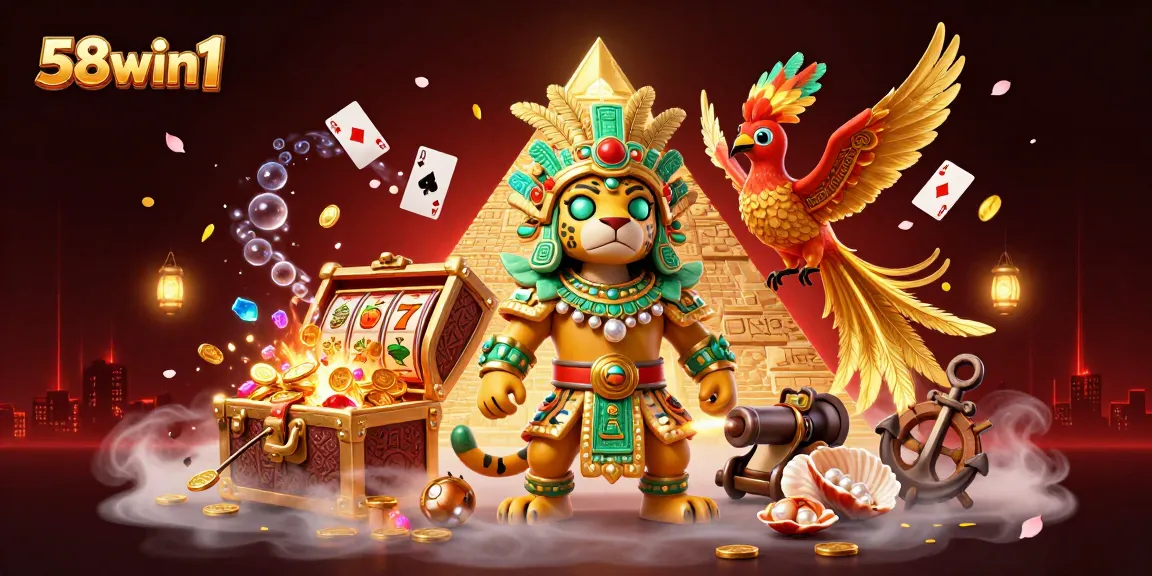 Experience winning excitement at 58win1 with vibrant casino elements and rich 3D illustration.