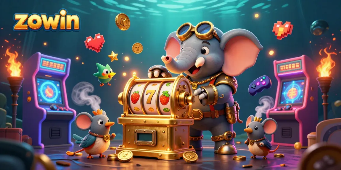 Zowin ignites excitement with its steampunk elephant engineer and golden slot machine amid vibrant arcade gameplay.