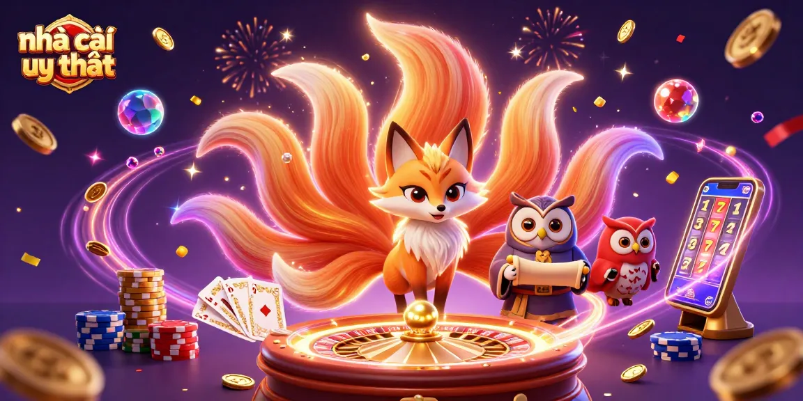 Engage with nhà cái uy tín in this vibrant casino scene featuring slot reels, poker chips, and a glowing fox spirit.