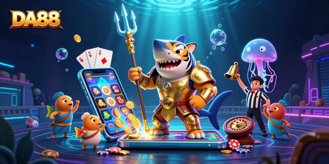 Experience thrilling gameplay with DA88 in this vibrant underwater casino scene featuring a shark in armor.