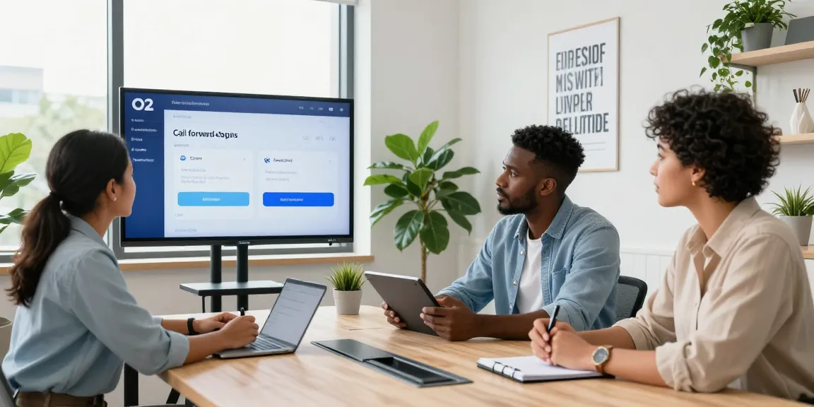 Exploring call forwarding on O2 during a team meeting in a modern UK office.