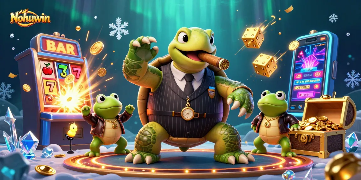 Nohuwin showcases a lively 3D cartoon casino scene with vibrant characters and exciting game elements.