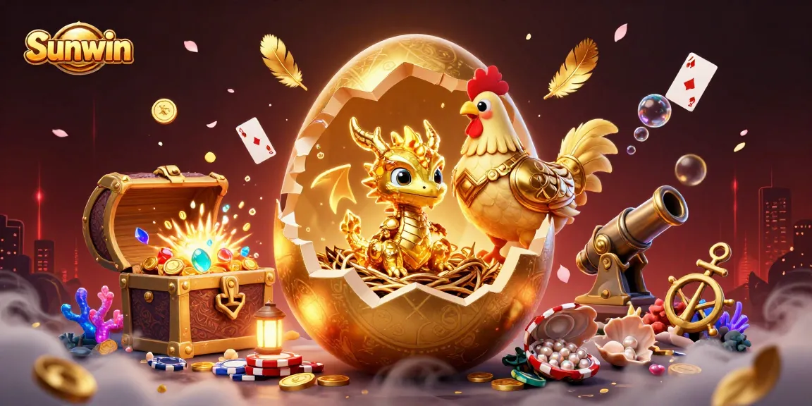 Sunwin unveils an exciting golden dragon gaming experience amidst poker chips and treasures.