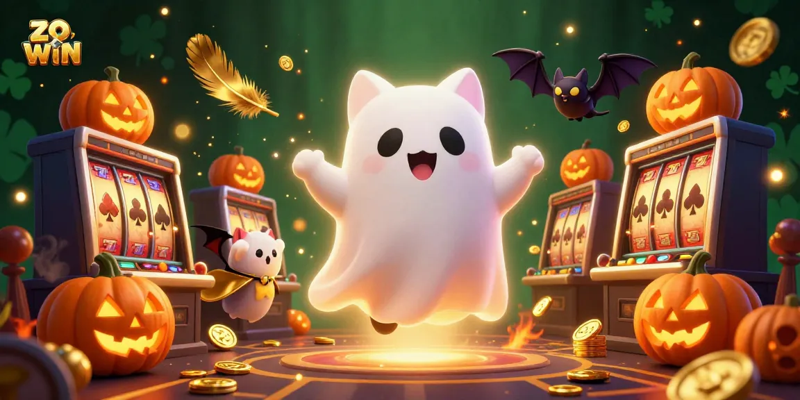 Experience the thrilling slots at zo win with a ghost cat and vibrant casino elements.