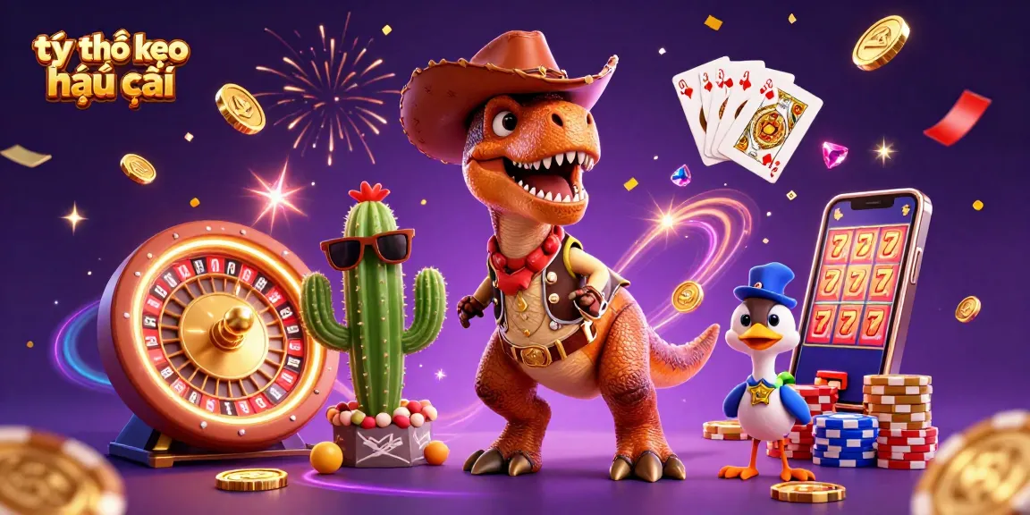 Experience tỷ lệ kèo nhà cái with a dynamic illustration showcasing a T-Rex cowboy amidst casino elements.