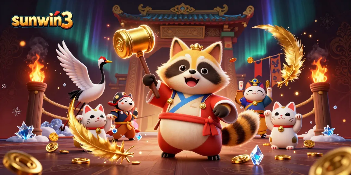 Experience thrilling moments in sunwin3 with a playful raccoon and lucky fortune cats in a vibrant casino scene.
