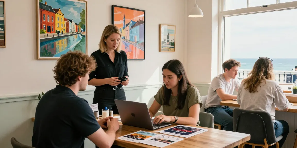 Professional managing Airbnb co-host services Brighton from a café, showcasing local charm.
