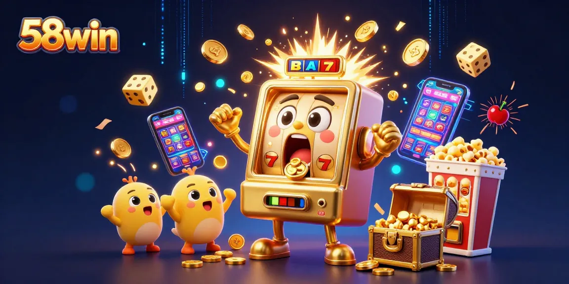 Experience 58win's thrilling jackpot action with a vibrant slot machine celebration!