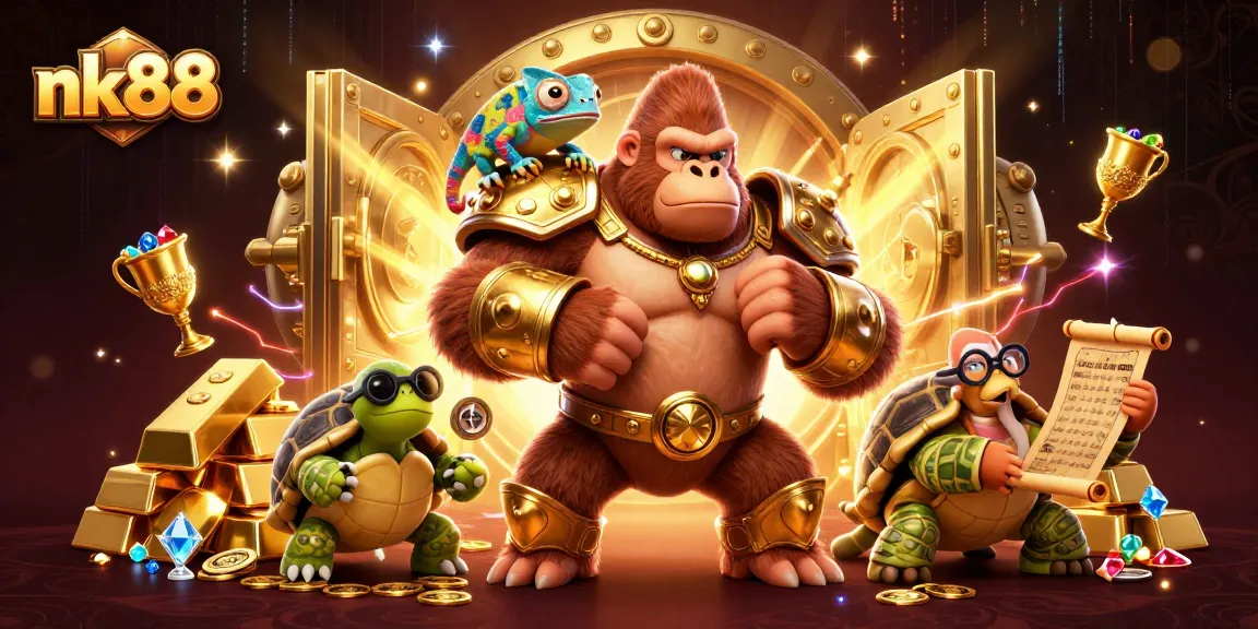 Spin the slots at nk88 with a powerful gorilla king and treasures overflowing in a 3D digital casino.