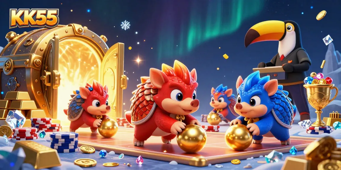 Play and win with KK55 as pangolins roll into golden balls and poker chips in an exciting casino scene.