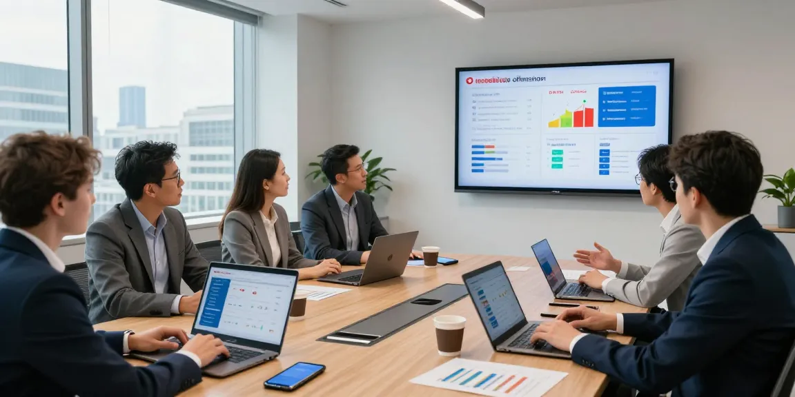 Business team comparing Vodafone vs O2 business mobile options in a modern office setting with visual data.
