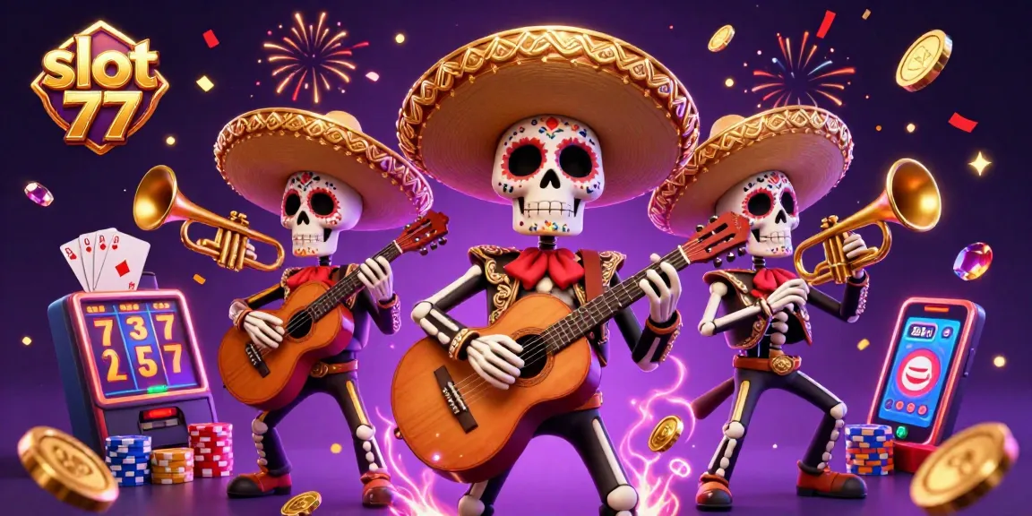 Experience winning moments with slot 77 as the vibrant skeleton mariachi band celebrates in a thrilling casino scene.