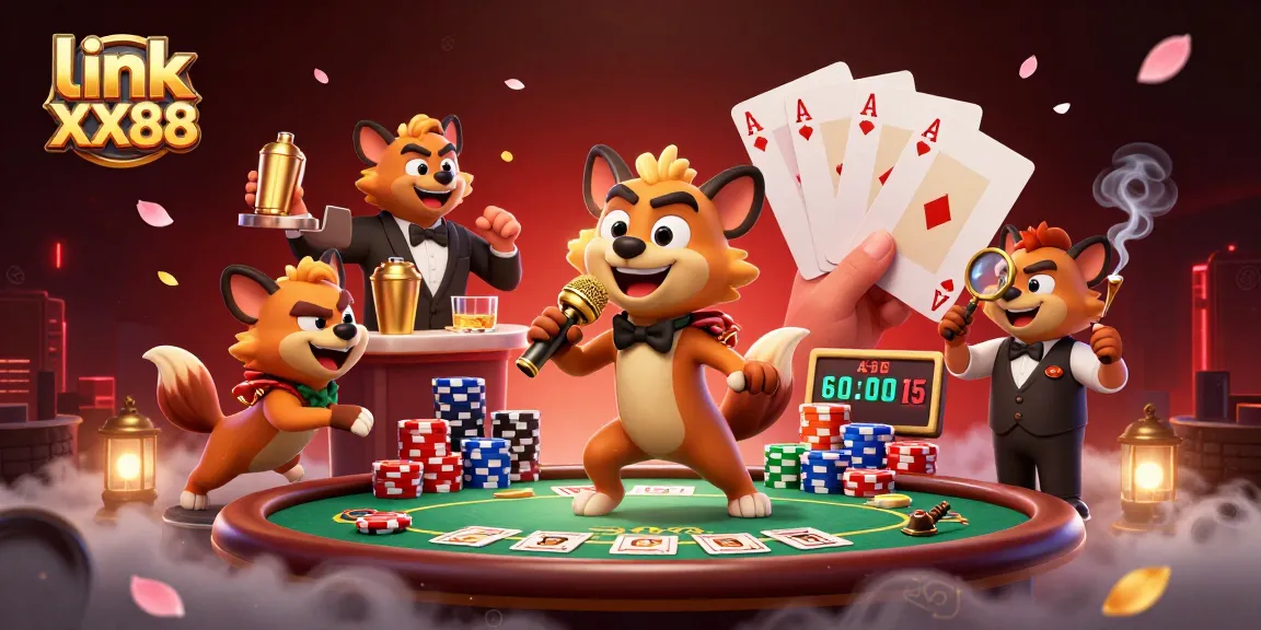 Engage in fun at link XX88 with hyenas in a lively casino scene featuring poker action and cocktail magic.