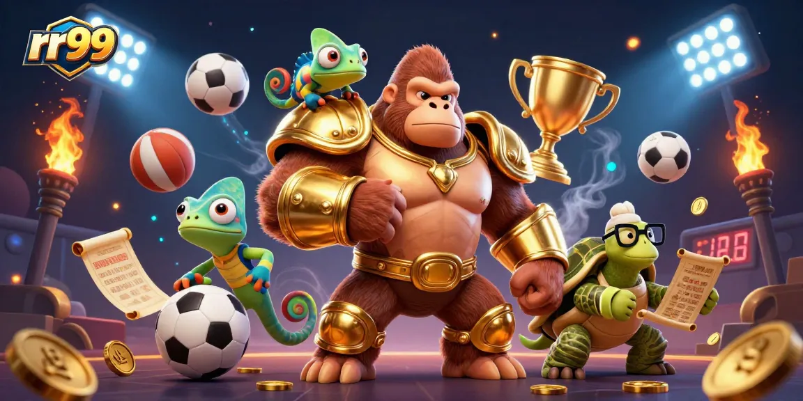 rr99 showcases excitement with a gorilla king, chameleon companion, and tortoise elder in a vibrant casino scene.