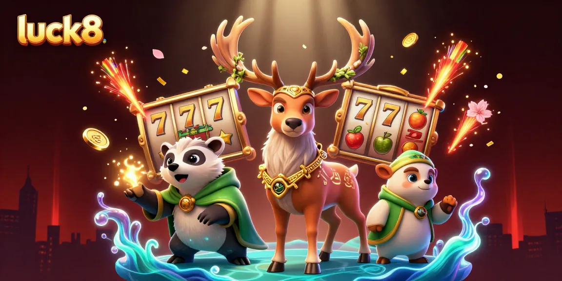 Experience the excitement at luck8 with a vibrant scene of 3D characters amidst slot machines and fireworks.