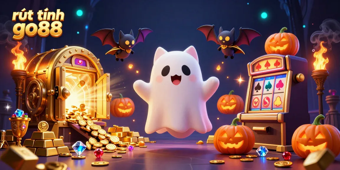 Play rút tiền go88 at this vibrant haunted casino, featuring a ghost cat and a bat.