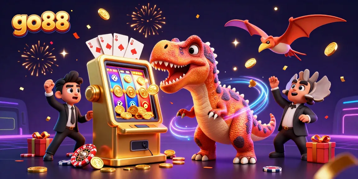 go 88 vibrantly illustrates a pachycephalosaurus hitting a slot machine while a panicked manager attempts to catch coins falling down.