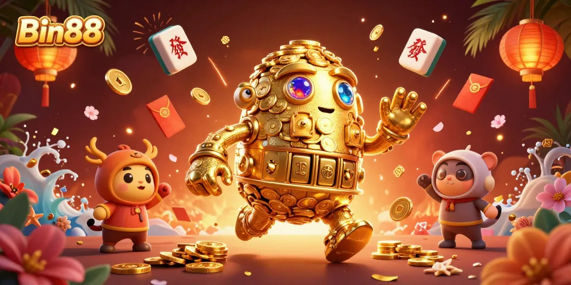 Spin and win at Bin88 with a vibrant 3D illustration of a golden golem and festive gaming elements.