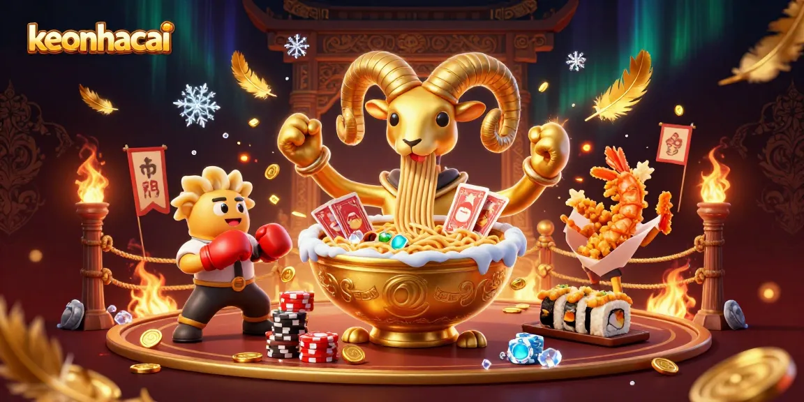 Bet on keonhacai with a giant golden ramen bowl character and dynamic casino elements.