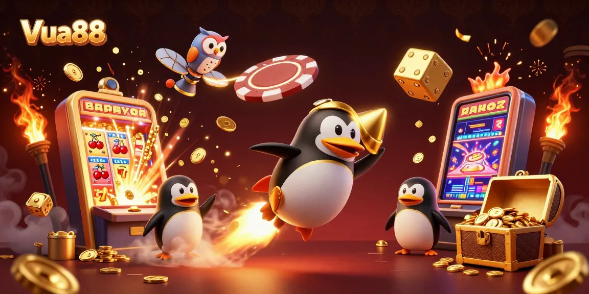 Experience Vua88 gaming with vibrant 3D penguin, vibrant casino elements, and thrilling jackpots.