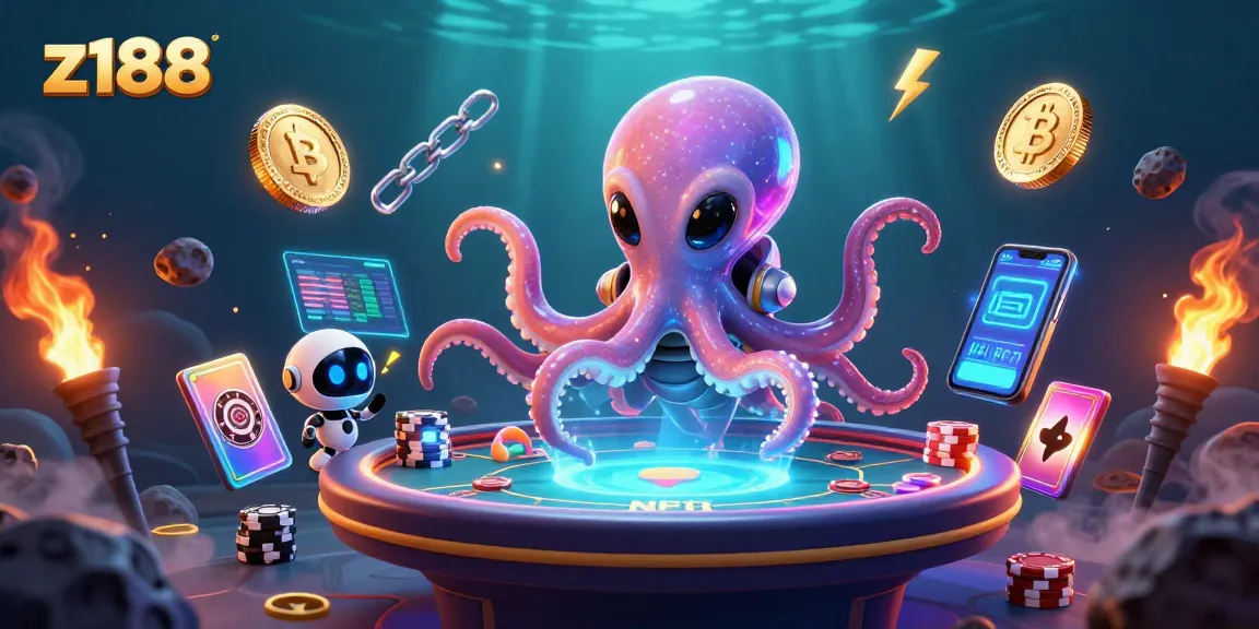 Experience thrilling z188 gambling adventures with an alien octopus at a holographic poker table.