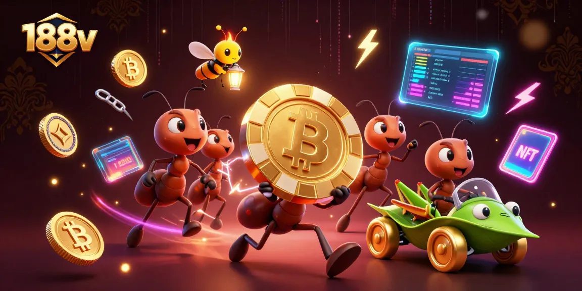 Experience the thrill of 188v with ants heisting a massive golden poker chip amidst a vibrant casino scene.