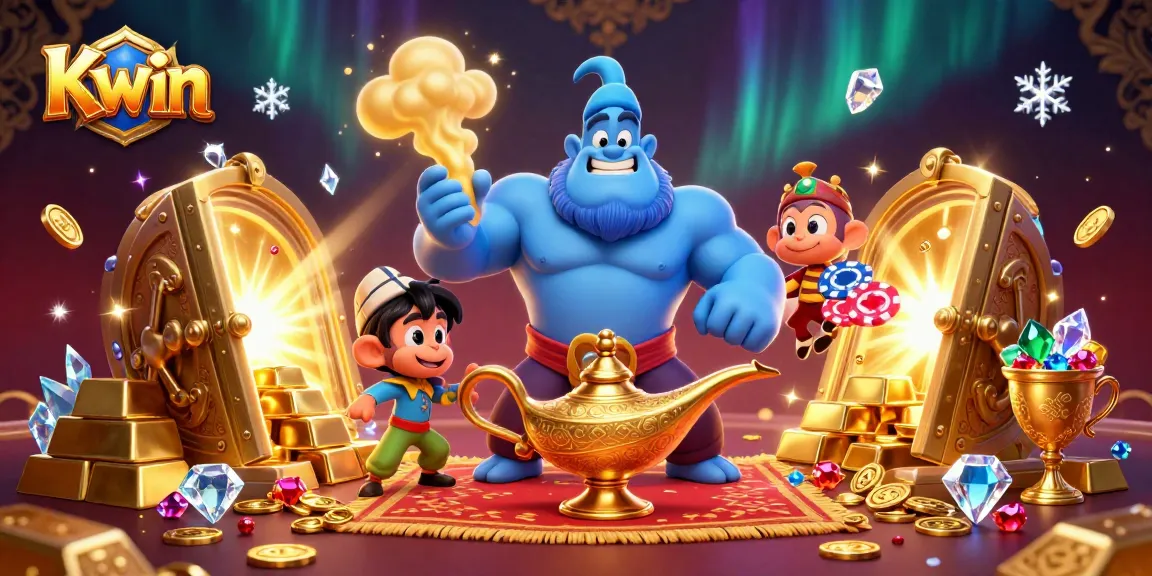 Kwin players experience excitement with a 3D genie, treasure, and casino elements in a vivid scene.