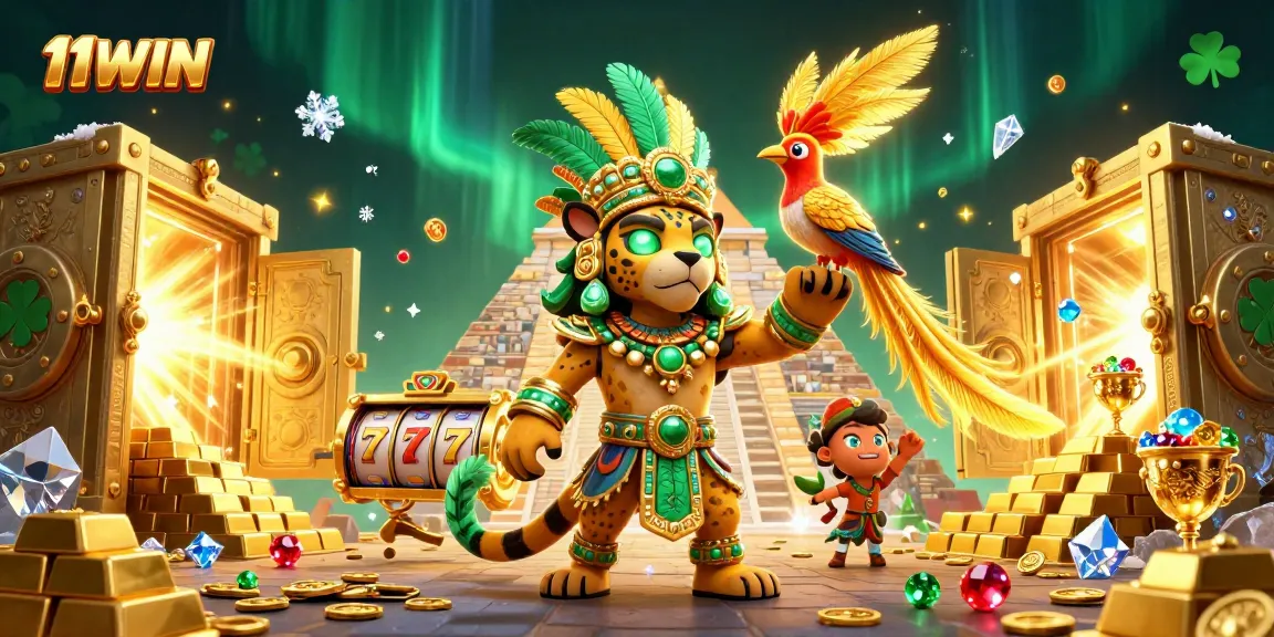 Experience the thrill of 11WIN with a vibrant, colorful 3D illustration showcasing Mayan themes and casino gaming elements.
