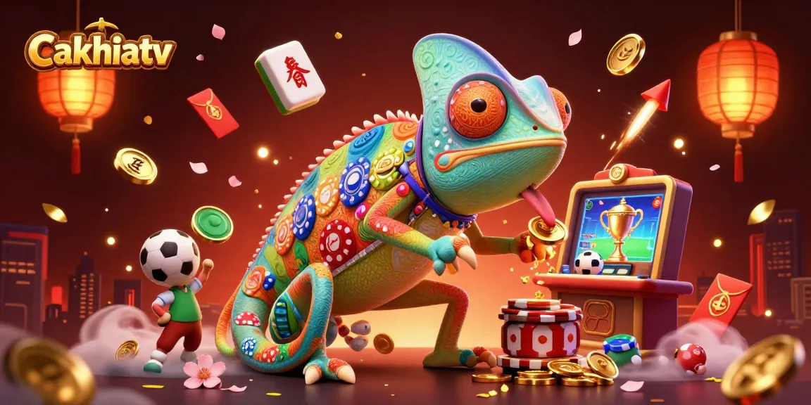 Cakhiatv offers an engaging illustration of a chameleon casino owner watching over sports betting activities and capturing coins.